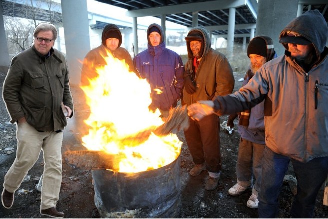 garbage can fire and bannon